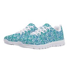 a women's blue and white patterned sneaker