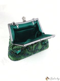 BirdinBag - Elegant Satin Evening Bag with Rhinestone & Sequin Embellishments - Chain Strap Included Green Embellished Bag For Events, Green Beaded Rectangular Evening Bag, Embellished Green Evening Shoulder Bag, Green Embellished Evening Shoulder Bag, Vintage Green Shoulder Bag For Party, Embellished Green Rectangular Shoulder Bag, Green Vintage Shoulder Bag For Party, Green Embellished Rectangular Shoulder Bag, Green Embroidered Evening Bag