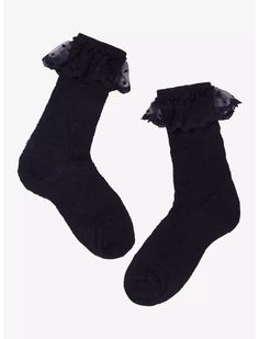 Black Rose Ruffle Crew Socks Black Socks With Lace Trim For Spring, Fitted Black Socks With Lace Trim, Black Lace Socks With Lace Trim, Fitted Lace Trim Socks For Winter, Fitted Lace Trim Winter Socks, Casual Ruffled Fitted Socks, Casual Fitted Ruffle Socks, Black Crew Socks, Tall Hoodies