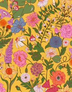 a yellow background with colorful flowers and birds on it's sides, all in different colors