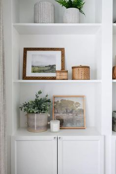 some white shelves with plants and pictures on them