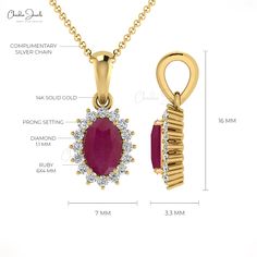 Description Specially crafted for the voguish females, this unique 6 X 4 mm oval-shaped red Ruby Pendant with a diamond halo is designed in 14k solid gold by Chordia Jewels. The oval cut ruby weighing 0. 58 carats is perfected in a 4-prong setting making the pendant a style statement. 16 pieces of l1-12/G-H diamonds with a size of 1.1 mm each and weight of 0.10 carats are used to craft the halo design around the precious ruby gemstone creating a classic and brilliant look. The 3-prong setting of Oval Ruby Jewelry With Halo Design, Red Oval Jewelry With Halo Design, Oval Red Jewelry With Halo Design, Oval Brilliant Cut Jewelry For Valentine's Day, Red Oval Halo Jewelry, Oval Ruby Jewelry With Halo, Oval Ruby Halo Jewelry, Oval Red Jewelry With Halo, Oval Red Halo Jewelry