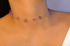 All chains are adjustable and can be worn separately (as pictured). Trendy Purple Necklace For Gift, Trendy Purple Necklace For Gifts, Adjustable Gemstone Choker, Trendy Purple Clavicle Chain Necklace, Adjustable Lavender Bohemian Jewelry, Adjustable Bohemian Lavender Jewelry, Adjustable Gemstone Choker Jewelry, Adjustable Delicate Crystal Choker Necklace, Adjustable Purple Necklaces