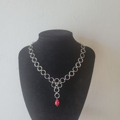 Crafted By Me Stainless Steel Jump Rings 14.5 " Necklace With 2.5" Extender Red Bead Jump Ring Necklace, Red Metal Dangle Necklace, Red Round Chain Jewelry, Red Wire Wrapped Metal Necklace, Red Wire Wrapped Metal Jewelry, Nickel-free Red Metal Necklace, Adjustable Red Chain Jewelry, Red Beaded Metal Necklace, Red Metal Jewelry With Beaded Chain