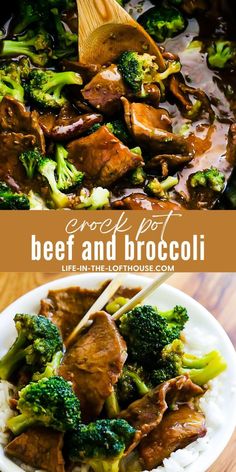 beef and broccoli stir fry on rice in a white bowl with chopsticks