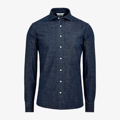 This blue denim shirt is tailored to a slim fit with a single cuff and small widespread collar. Blue Denim Shirt, White High Tops, White Turtleneck, Wool Flannel, Slim Fit Shirt, Egyptian Cotton, Cotton Flannel, Denim Shirt, Workout Shirts