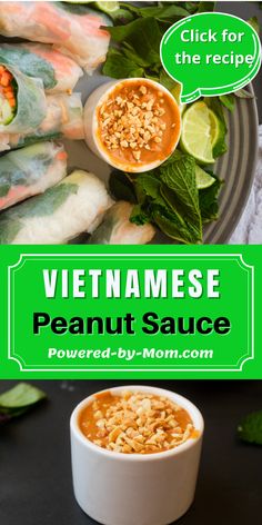 vietnamese peanut sauce in a white bowl next to green leaves and other food on a plate