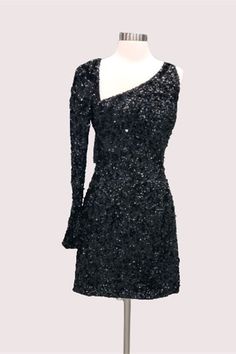 Sexy Black Sequins Mini Bodycon Dress with One Sleeve Dress With One Sleeve, Black Mini Bodycon Dress, Dress With One Shoulder, Mini Bodycon Dress, Sequin Mini, Back Design, Photo Colour, Black Sequins, Black Mini