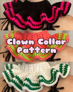 three crochet patterns with the words clown collar pattern on top and below them