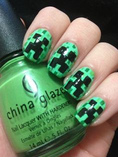 Epic Nail Time: Minecraft Creeper Nail Art & Tutorial! :D Like this. Nail Art For Kids, China Nails, Nail Art Pictures, Super Cute Nails, Nail Time, Nail Polish Designs, Cute Nail Art