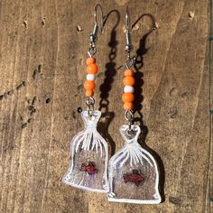 Brand New Handmade Shrink Plastic Bagged Fair Goldfish Charms Attached To Beaded Segments To Match The Colors And Hypoallergenic Earring Hooks. White Fish Hook Earrings As Gift, Shrink Plastic, Hypoallergenic Earrings, Earring Hooks, Goldfish, Orange White, Color Orange, Dangle Earrings, Jewelry Earrings