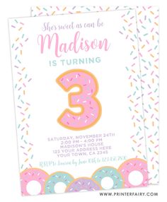 a pink and blue birthday party card with donuts on the number three in front