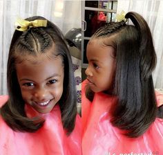 Silk Press Hairstyles For Kids, Silk Press Kids Styles, Hairstyles Slik Press, Slik Press For Black Women, Little Black Girls Silk Press Hairstyles For Kids, Black Kids Braids Hairstyles, Pressed Natural Hair, Cute Ponytails, Kids Curly Hairstyles