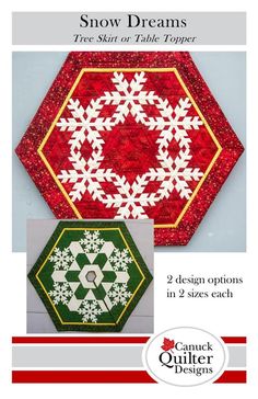 the snow dreams table topper is shown in red and green, with white snowflakes on it