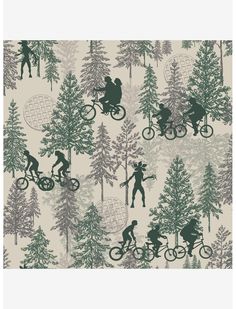 the silhouettes of people on bicycles are depicted in this seamless pattern with trees