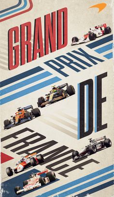 the grand prix race poster is shown in red, white and blue