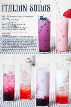 four different types of drinks in glasses with strawberries on the top and bottom one is blue, red, white and pink