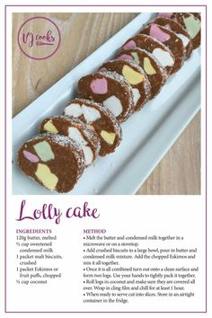 the recipe for lolly cake is displayed on a white plate with pink and yellow hearts