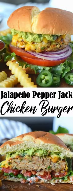 the jalapeno pepper jack chicken burger has been cut in half and is ready to be eaten