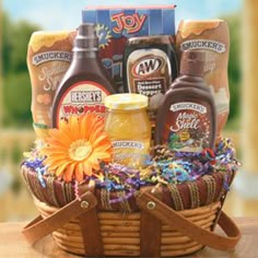 an assortment of condiments in a wicker basket