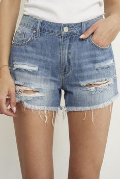 These Federica Mid Rise Ripped Raw Hem Denim Shorts are the perfect addition to your summer wardrobe. Crafted from a lightweight denim fabric, they feature a mid-rise waist, distressed detailing, and raw hems for a stylish, edgy look. The perfect combination of comfort and style, these shorts are sure to become a go-to in your wardrobe. Jeans Models, Shorts Fit, Ripped Denim Shorts, Top Graphic Tees, Distressed Denim Shorts, Edgy Look, Sheer Fabric, Light Wash Denim, Sheer Fabrics