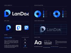 the logos for landox are designed in blue and black colors, with different font styles