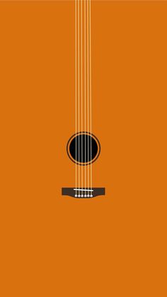 an orange acoustic guitar with strings hanging from it's neck and the frets