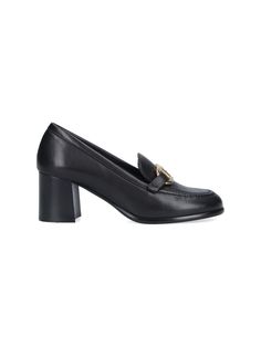 Ferragamo 'Gancini' black leather loafers with gold hardware, round toe, top 'Gancini' hardware, square leather heel, leather sole. Composition: 100% Calf Leather Luxury Heels With Gold-tone Hardware For Work, Leather Heels With Gold-tone Hardware For Office, Office Heels With Gold-tone Hardware And Leather, Gold-tone Leather Heels For Office, Square Toe Calf Leather Loafers For Office, Leather Heels With Horsebit Detail For Office, Chic Formal Loafers With Horsebit Detail, Office Square Toe Calf Leather Loafers, Office Calf Leather Square Toe Loafers