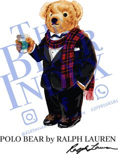 a teddy bear dressed in a tuxedo and holding a drink