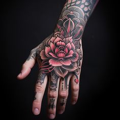 Lotus tattoo, hand tattoo, shadow, color Flower Hand Tattoos, Lotus Hand Tattoo, Flower Hand Tattoo, Fist Tattoo, Japanese Hand Tattoos, Tattoo Main, Herren Hand Tattoos, Tattoos With Deep Meaning, Full Hand Tattoo