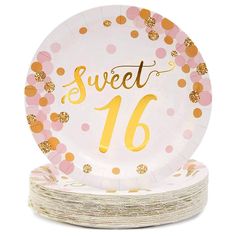 pink and gold sweet sixteen paper plates with confetti on the rim, set of 16