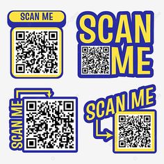 some qr - code stickers that are blue and yellow, with the words scan me on them