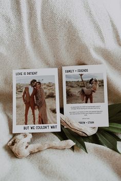 two cards with pictures of people on them sitting on a bed next to a plant