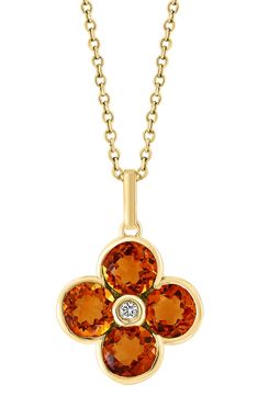 A semiprecious stone flower pendant brings sparkling color to an elegant 14-karat yellow-gold necklace centered by a dainty diamond. 18" length; 1/2"W x 3/4"L pendant Lobster clasp closure Total diamond weight: 0.02ct. Color: H–I Clarity: I1–I2 14k gold/citrine, London blue topaz, amethyst and/or peridot/diamond Made in the USA Diamond Guide 14k Gold Gemstone Flower Pendant Jewelry, Yellow Gold Flower Shaped Gemstone Necklace, Yellow Gold Flower Necklace With Gemstone, Yellow Gold Flower Pendant Jewelry With Gemstone, Yellow Gold Gemstone Necklace In Flower Shape, Yellow Gold Flower-shaped Gemstone Necklace, 14k Gold Necklace With Gemstone Flower Pendant, Yellow Gold Birthstone Flower Pendant Jewelry, Yellow Gold Flower Pendant Jewelry With Birthstone