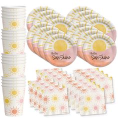 the hello sunshine party pack includes cups, plates and napkins with sun designs on them