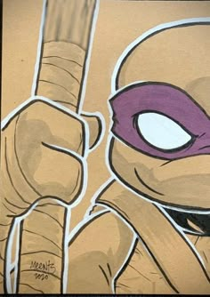 a drawing of a teenage mutant ninja holding a knife and wearing a purple mask on his face