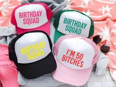 50th Birthday Trucker Hats, Birthday Squad Trucker Hat, Bday Girl Neon Hat, Custom Fifty Years Party Caps, Personalized Any Saying on Hat - Etsy Cheap Letter Print Trucker Hat For Birthday, Birthday Trucker Hats, Hat Custom, Bday Girl, Product Photos, 21st Birthday, Hat Making, Fantastic Gifts, 50th Birthday