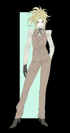 an anime character with blonde hair wearing a suit and black shoes, standing in front of a