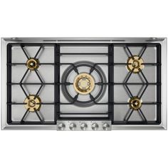 a gas stove with four burners and gold knobs on the front, against a white background