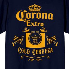 Nothing says "I'm on Island Time" like this awesome Corona tee. This fun shirt showcases a large, gold graphic of an official Corona label against a deep navy background. This comfy shirt is made of premium cotton materials, and is professionally printed to ensure long-lasting color and print quality. It can be machine washed in cold water with like colors, and tumble dried on low for easy and convenient care. The Corona Cold Cerveza Label Men's Navy T-Shirt is an officially licensed product, ma Gold T-shirt With Screen Print, Short Sleeve, Gold Short Sleeve T-shirt With Screen Print, Gold Short Sleeve T-shirt With Direct Printing, Gold Crew Neck T-shirt With Letter Print, Gold Crew Neck T-shirt With Screen Print, Gold Crew Neck Top With Screen Print, Gold Short Sleeve T-shirt With Text Print, Gold Crew Neck T-shirt With Text Print, Gold Graphic Tee With Letter Print