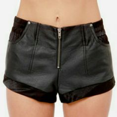 Brand New Never Worn. Took Tags Off Before I Realized They Were Too Big On Me. Vegan Leather Front And Silky Rear To These Cuffed Shorts. Fitted Black Shorts With Zipper Closure, Edgy Fitted Shorts With Zipper Closure, Casual Black Shorts With Zipper Closure, Edgy Shorts With Zipper Closure, Black Bottoms With Zipper Closure For Summer, Trendy Black Shorts With Zipper Closure, Black Shorts With Zipper Closure, Edgy Shorts For Night Out With Zipper Closure, Edgy Shorts With Zipper Closure For Night Out