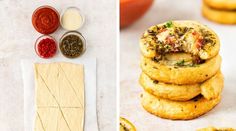 there are several different types of cookies on the table and one is filled with toppings