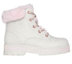 Cozy comfort meets cool combat-inspired style in Skechers Street Glitz. This lace-up casual cool weather boot features a synthetic upper with faux fur trim and a side zip closure. | Skechers Girl's Street Glitz Boots | Medium Width | Smooth synthetic upper with plush faux-fur trim | Cushioned comfort insole | Lace-up front with side zipper for easy access | Metallic glitter accented midsole platform | 5-inch shaft height | 1 1/4-inch heel | Skechers Weather Boots, Cool Weather, Girls Shoes Kids, Wide Shoes, 4 Inch Heels, Natural Style, Comforters Cozy, Shopping Hacks, Fur Trim