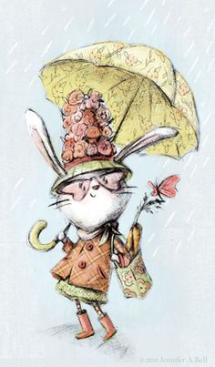 a drawing of a rabbit holding an umbrella