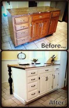 before and after pictures of a kitchen island