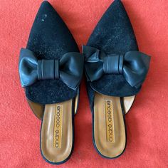 Black Suede Mules With Leather Bow. Size 39z Worn Twice. Pointy Mules, Suede Mules, Leather Bow, Leather Bows, Mule Clogs, Mules Shoes, Black Suede, Clogs, Women Shoes