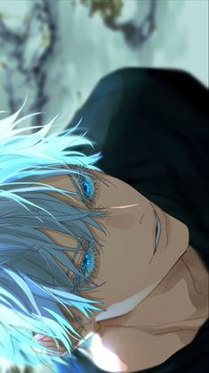 an anime character with blue eyes and white hair