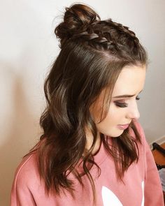 gorgeous braids down into bun knot Braided Bun Hairstyles Half Up Half Down, Two Braids Into A Bun Half Up Half Down, Short Hair Hairstyles Homecoming, Braided Half Back Hairstyles, Prom Hairstyles Shoulder Length Curls, Meduim Length Hair, Braided Half Up Half Down Hair, Half Braided Hairstyles, Jess Conte