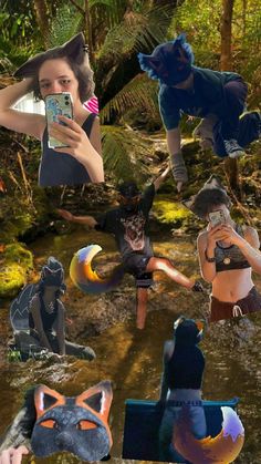 the collage shows several different images of people and animals in the woods, with one woman taking a selfie