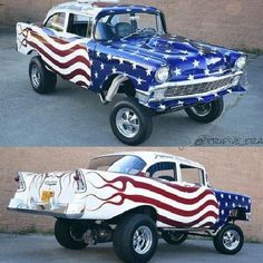 two pictures of an old truck with the american flag painted on it